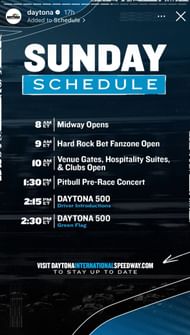 Daytona International Speedway Sunday Schedule - Image via Instagram/@daytona
